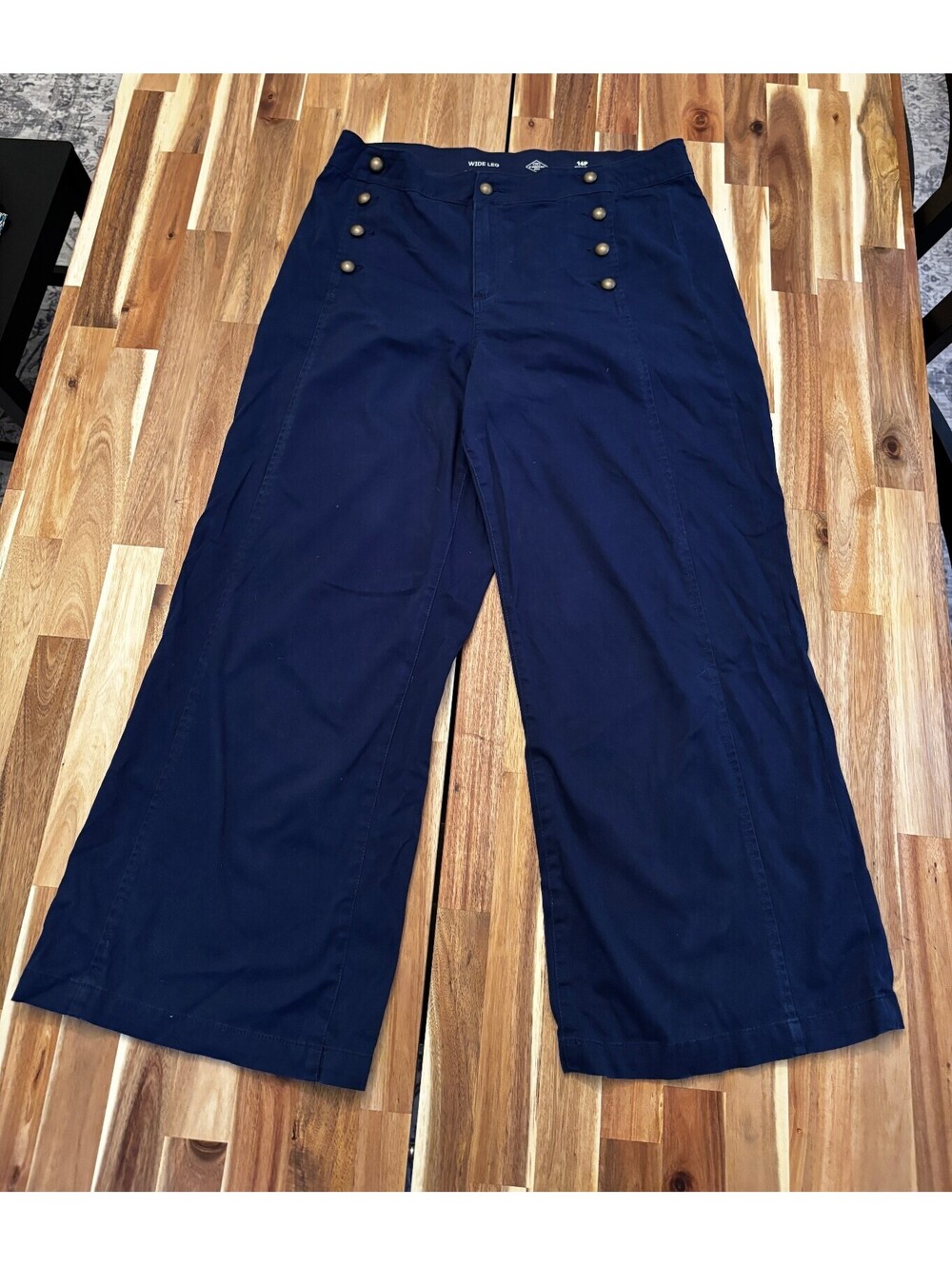 St. John’s Bay Navy Sailor Wide Leg Pants Women’s 14 Petite Button Front (2044)